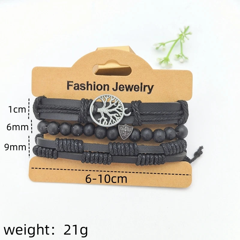 Tree of Life Leather Woven Bracelet with Wood Beads – Unisex