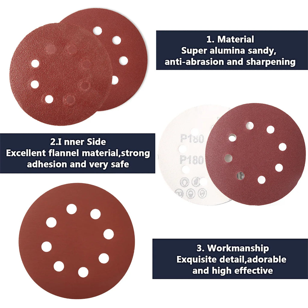 100Pcs 5" Hook & Loop Sanding Discs 80–3000 Grit | 8-Hole Abrasive Sanding Discs Nixie