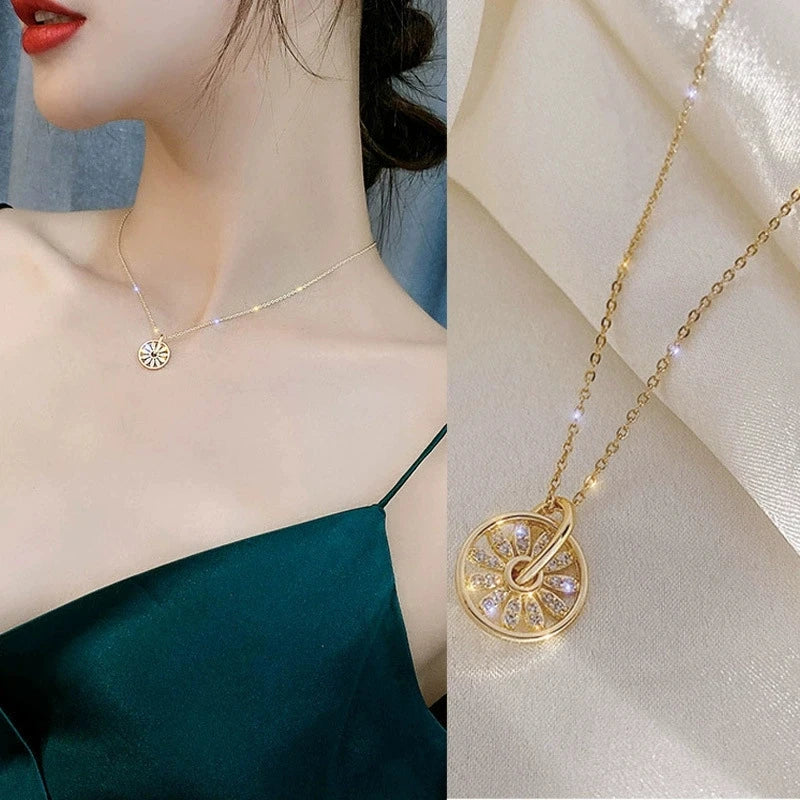 Zircon Wheel Pendant Necklace – Minimalist Gold Clavicle Chain Pendant Necklace Nixie