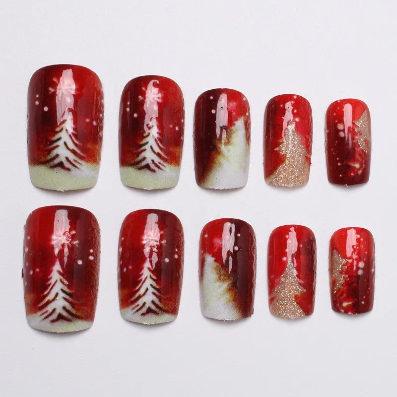 Christmas Snowflake Press On Nails 24pcs Red Gold Holiday Press On Nails Nixie