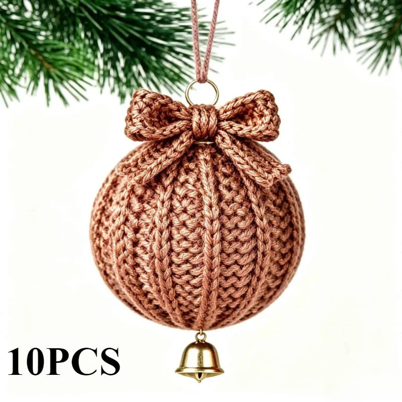 Hand Crochet Christmas Ball Ornaments with Bells – 10 Pcs Christmas Ornament Set Nixie Light brown-10pcs Diameter 8cm
