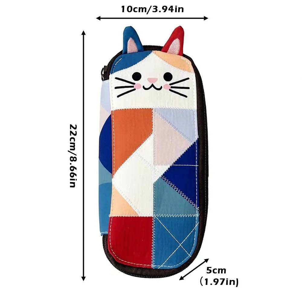 Large Capacity Cat Patchwork Pencil Case – Cute Stationery Bag