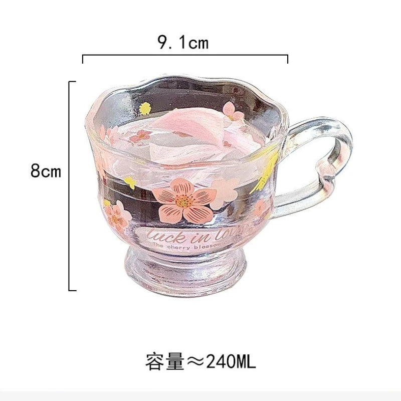 Cherry Blossom Glass Cup with Handle | Tea Coffee Juice Cup Painted Glass Cup Nixie one 201-300ml