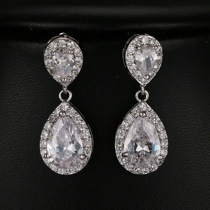 Women's Silver Plated White Stud Drop Earrings | Wedding Gift