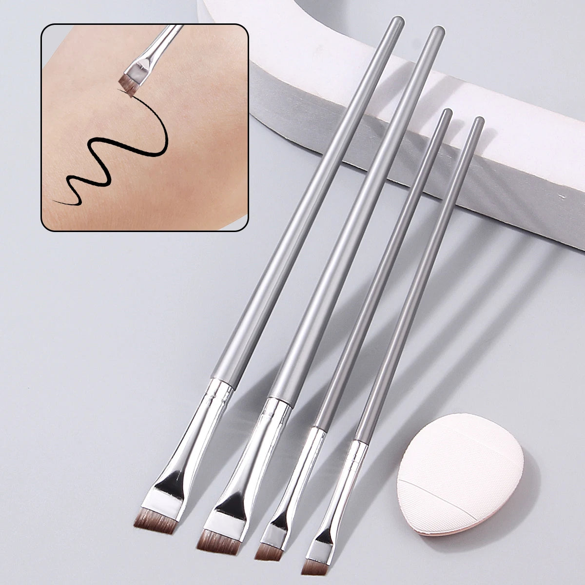 4-Piece Ultra-Fine Eyeliner & Eyebrow Brush Set + Powder Puff Makeup Brush Set Nixie