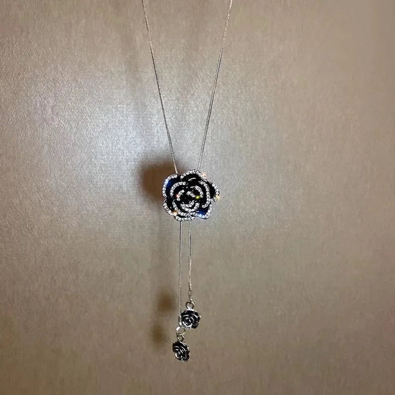 Black Rose Flower Long Pendant Necklace | Crystal Sweater Chain Pendant Necklace Nixie