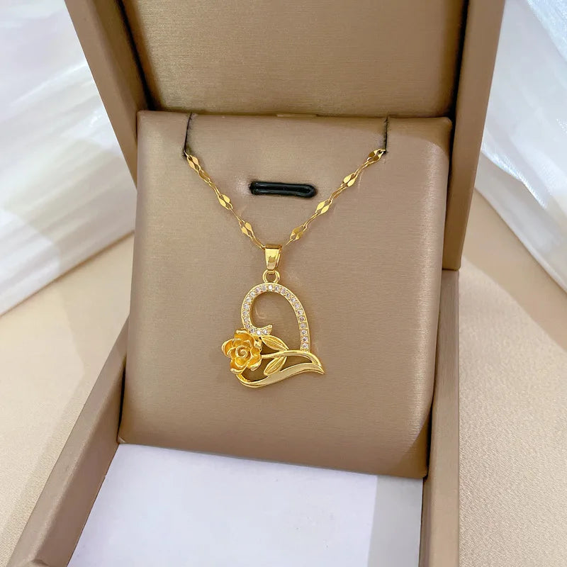 Rose Heart Pendant Necklace – Gold Stainless Steel Choker Pendant Necklace Nixie