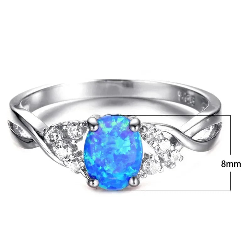 Women Silver Oval Blue Simulated Opal CZ Ring Sizes 6–10 Fashion Ring Nixie