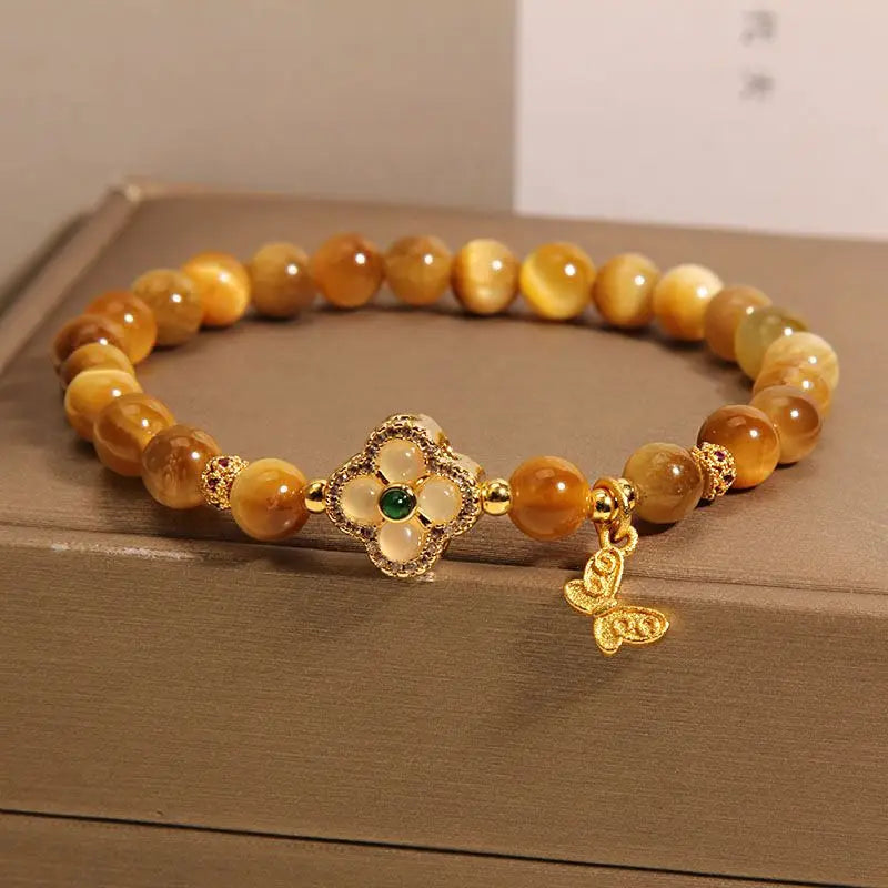 Golden Tiger Eye Four-Leaf Clover Bracelet | Women's Gift Gemstone Strand Bracelet Nixie