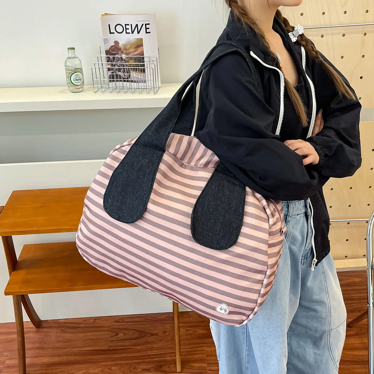 Vintage Striped Canvas Tote Bag | Korean-Style Shoulder Handbag Canvas Tote Bag Nixie Pink