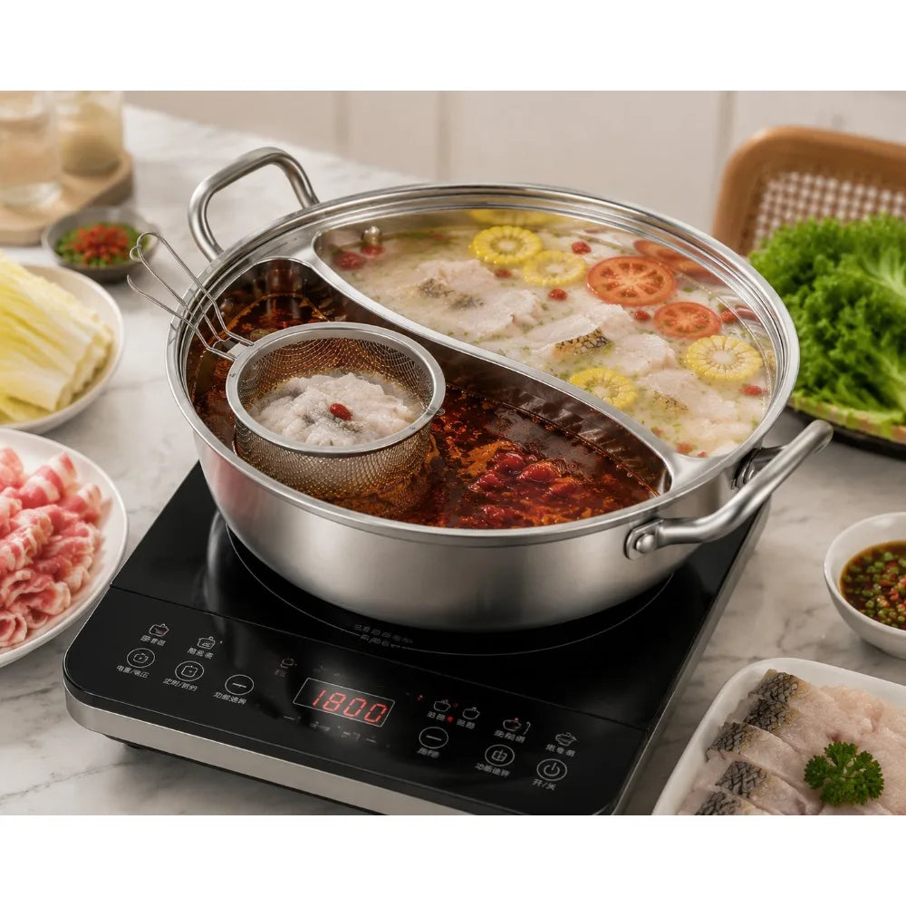 32cm Stainless Steel Hot Pot Divider & Strainer Basket Set Cookware Set Nixie