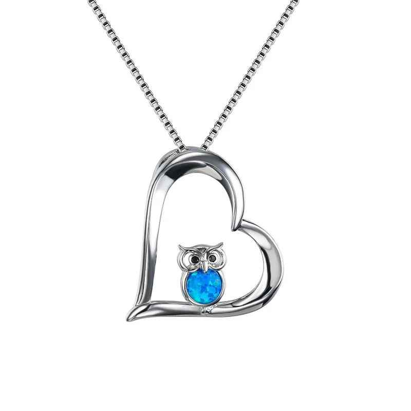 Owl Heart Pendant Necklace | Blue Opal Crystal Mood Tracker Pendant Necklace Nixie Blue