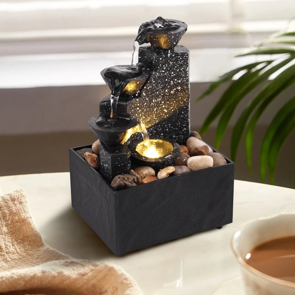 Tabletop Waterfall Fountain – Feng Shui Desktop Decor, Black Tabletop Water Fountain Nixie