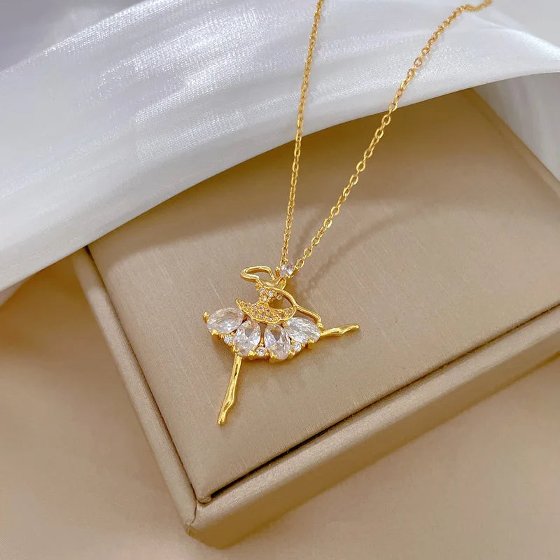 Ballet Dancer Pendant Necklace | Gold Stainless Steel Clavicle Chain Pendant Necklace Nixie