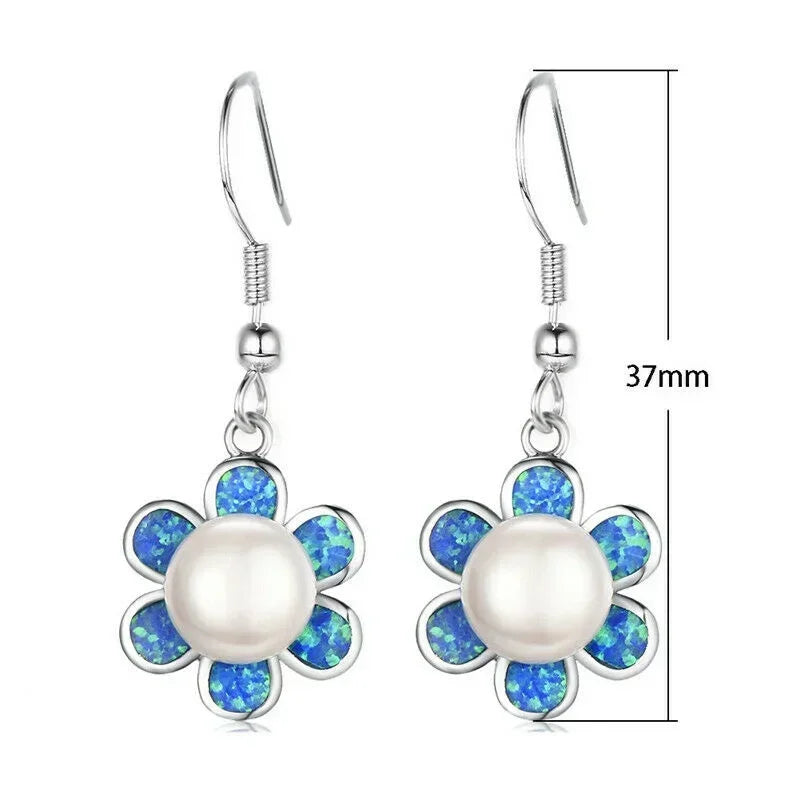 Pearl Dangle Blue Simulated Opal Rhinestone Stud Earrings
