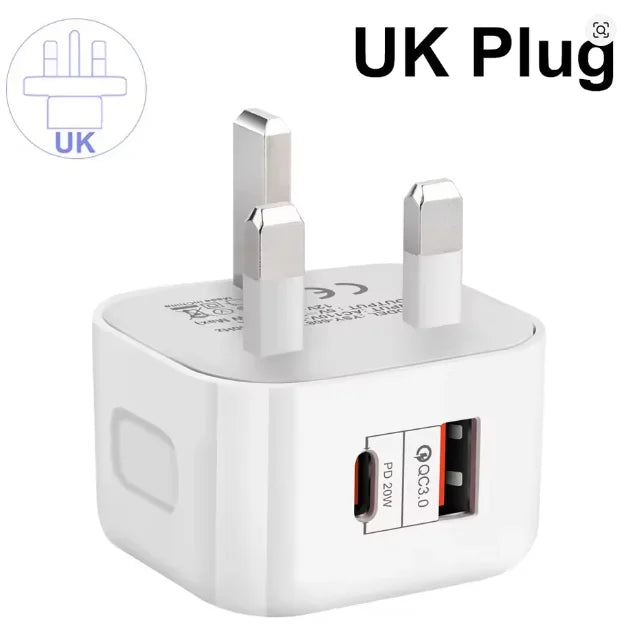 20W Dual Port USB-C PD Wall Charger EU/US/UK – Fast Charging