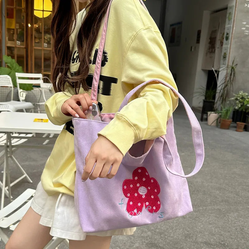 Cartoon Flower Embroidery Canvas Shoulder Bag | Korean Style Canvas Shoulder Bag Nixie