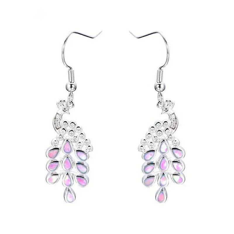 Peacock Silver Simulated Opal Women Long Drop Earrings