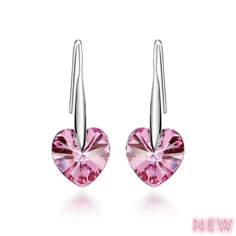 Women's Rhinestone Heart Drop Earrings – Silver & Pink