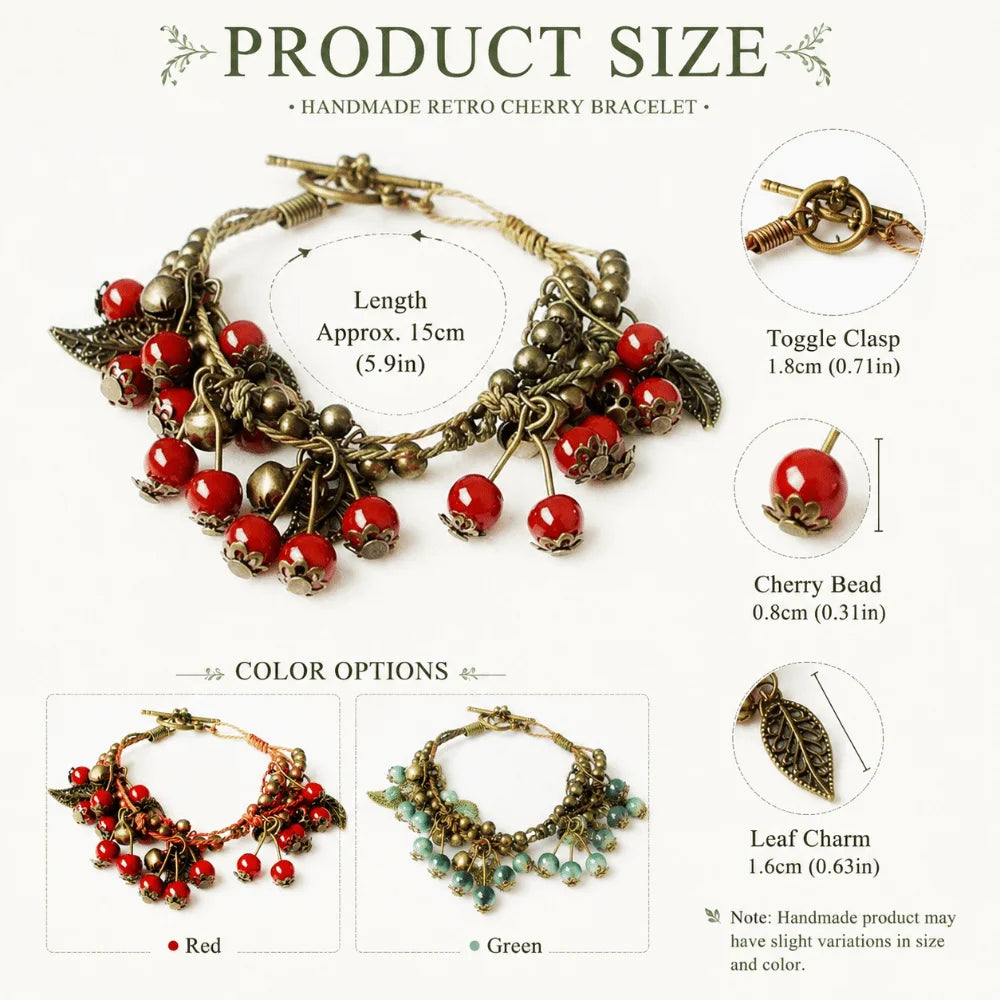 Ceramic Cherry Beaded Bracelet – Boho Braided Tassel Charm Beaded Charm Bracelet Nixie