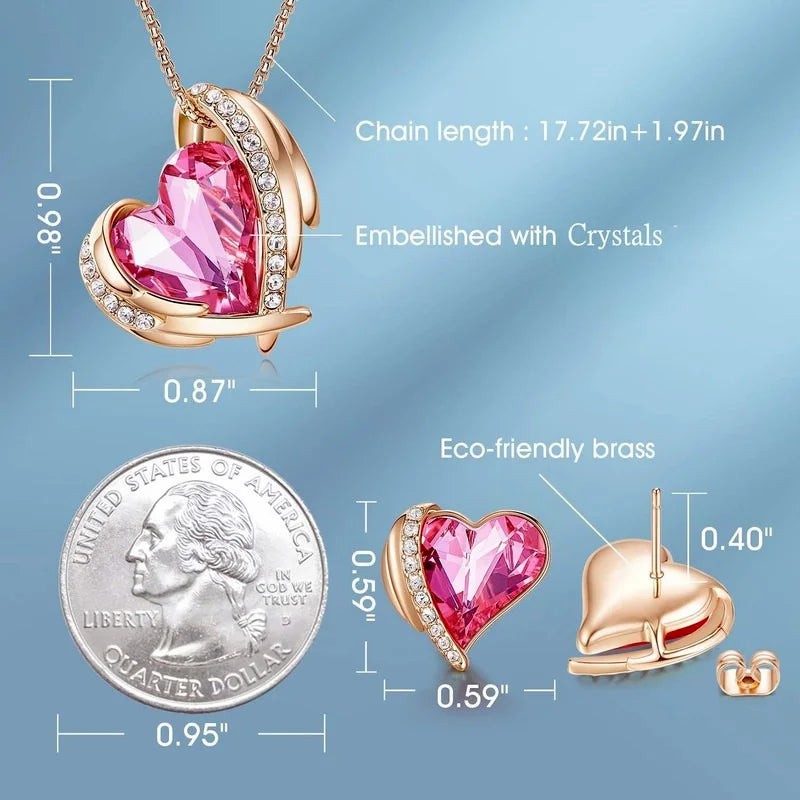 Rose Gold Heart Crystal Necklace & Earrings Set | Gift Jewelry Crystal Jewelry Set Nixie