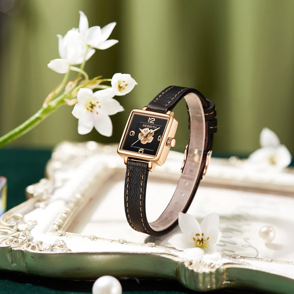 REBIRTH Floral Quartz Watch – Casual Leather Strap, 3Bar Quartz Wristwatch Nixie
