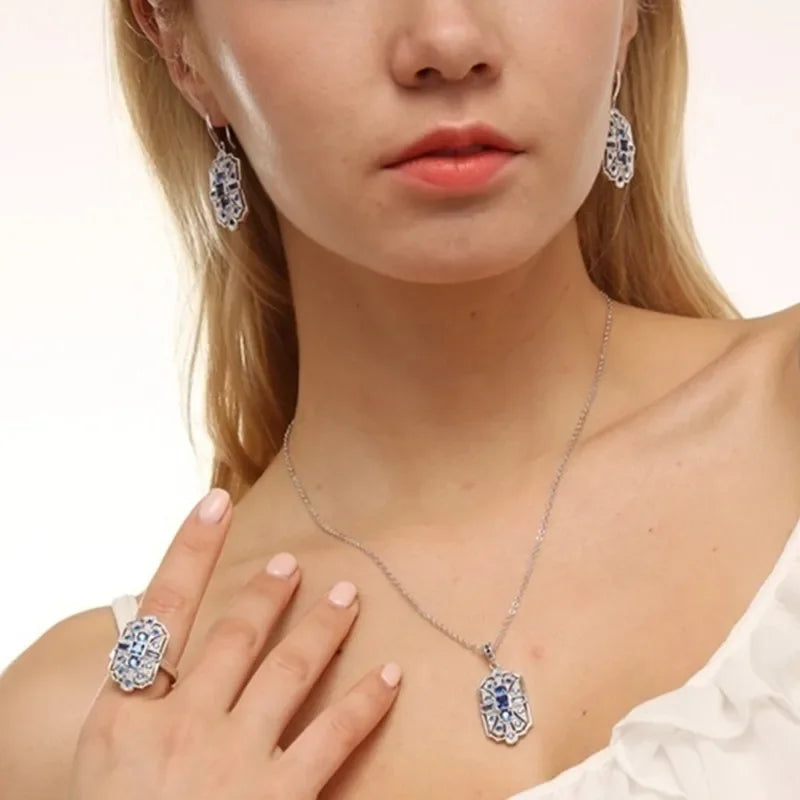 Blue Crystal Heart Jewelry Set – Necklace, Earrings & Ring Crystal Jewelry Set Nixie