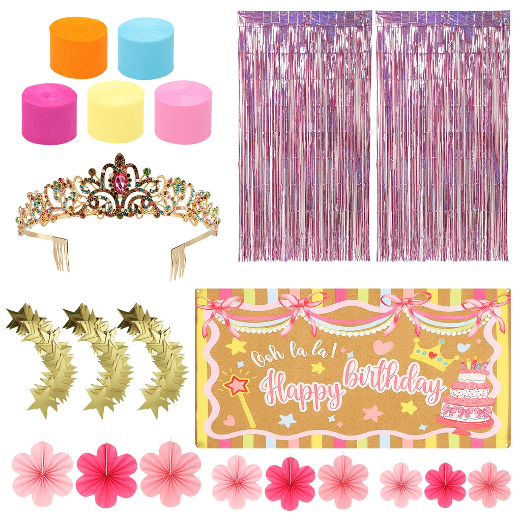 Birthday Party Decoration Kit – Backdrop, Fringe & Crown Party Decoration Kit Nixie Style A
