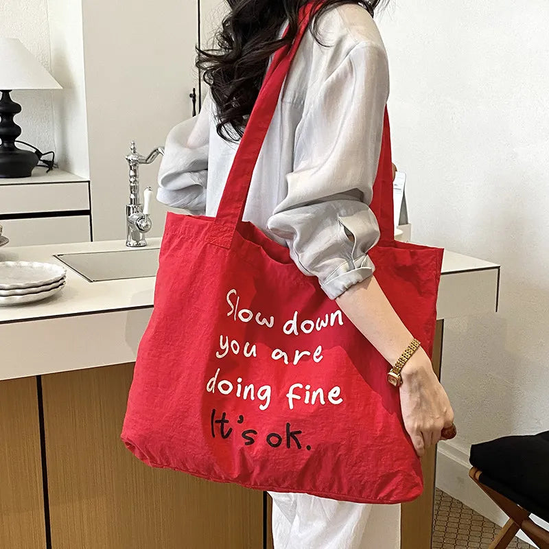 Korean Minimalist Letter-Print Nylon Tote Shoulder Bag Women Nylon Shoulder Tote Nixie