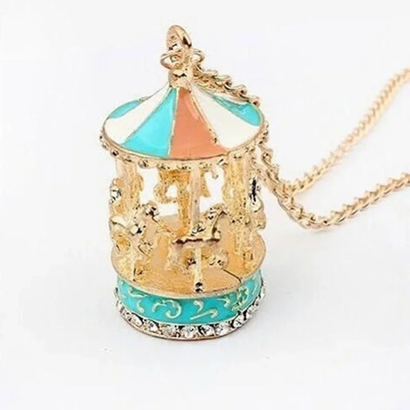Enamel Carousel Horse Charm Pendant Sweater Necklace