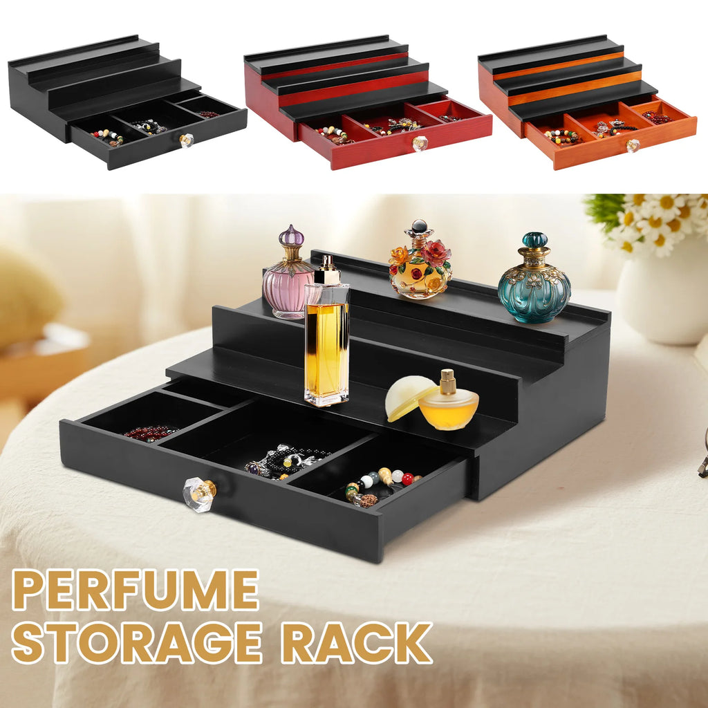 Wooden 3-Tier Perfume Organizer Stand with Drawer | Nixie Perfume Display Stand Nixie
