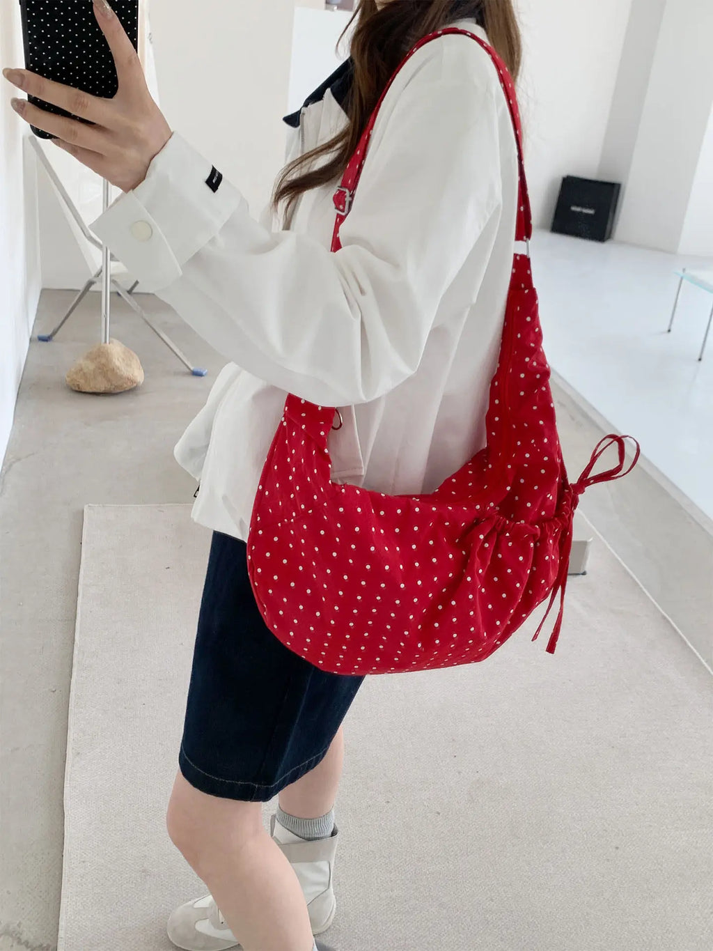 Korean Polka Dot Pleated Crossbody Tote Bag | Large Capacity Crossbody Shoulder Bag Nixie red polka dots