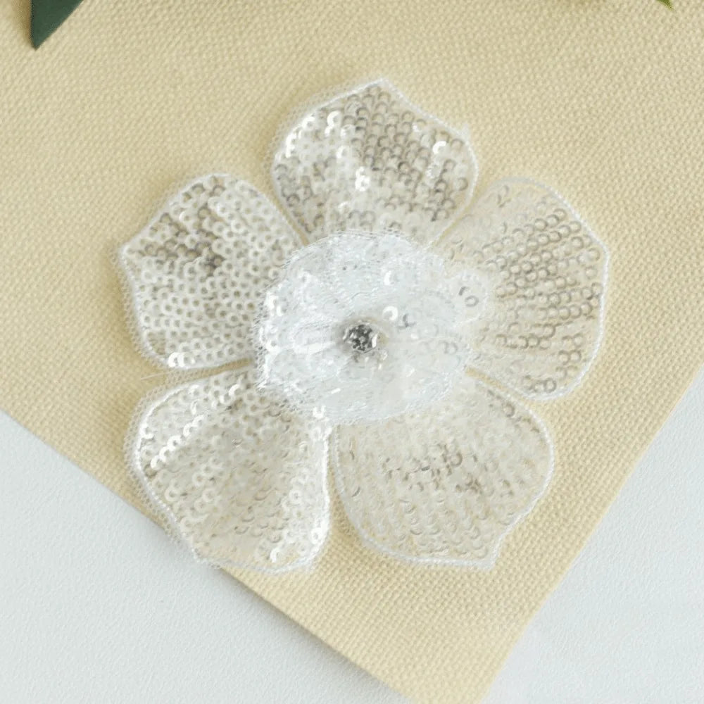 3D Sequin Beaded Lace Patches – Bridal Flower & Leaves Design Lace Applique Patch Nixie White