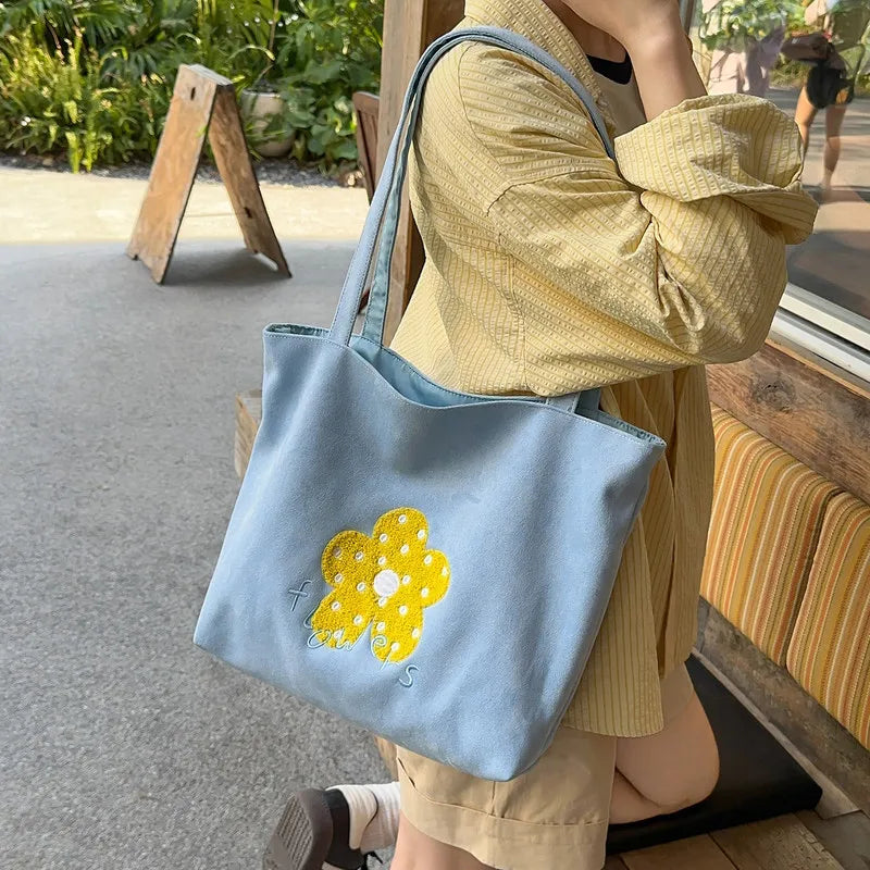 Cartoon Flower Embroidery Canvas Shoulder Bag | Korean Style Canvas Shoulder Bag Nixie