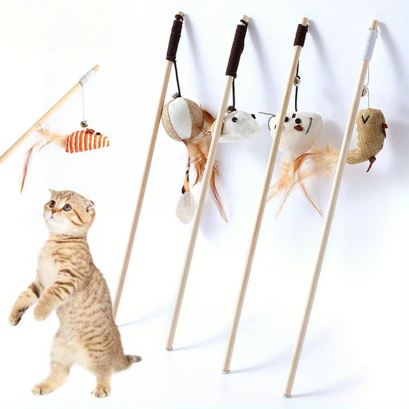 Wooden Cat Teaser Wand Toy – Feather Bell & Mouse Lure Cat Teaser Toy Nixie