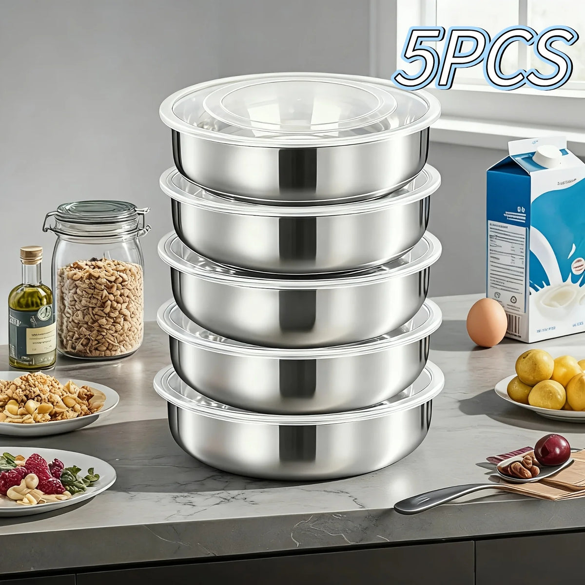 5-Piece Stainless Steel Mixing Bowls with Lids | Baking & Meal Prep Mixing Bowl Set Nixie