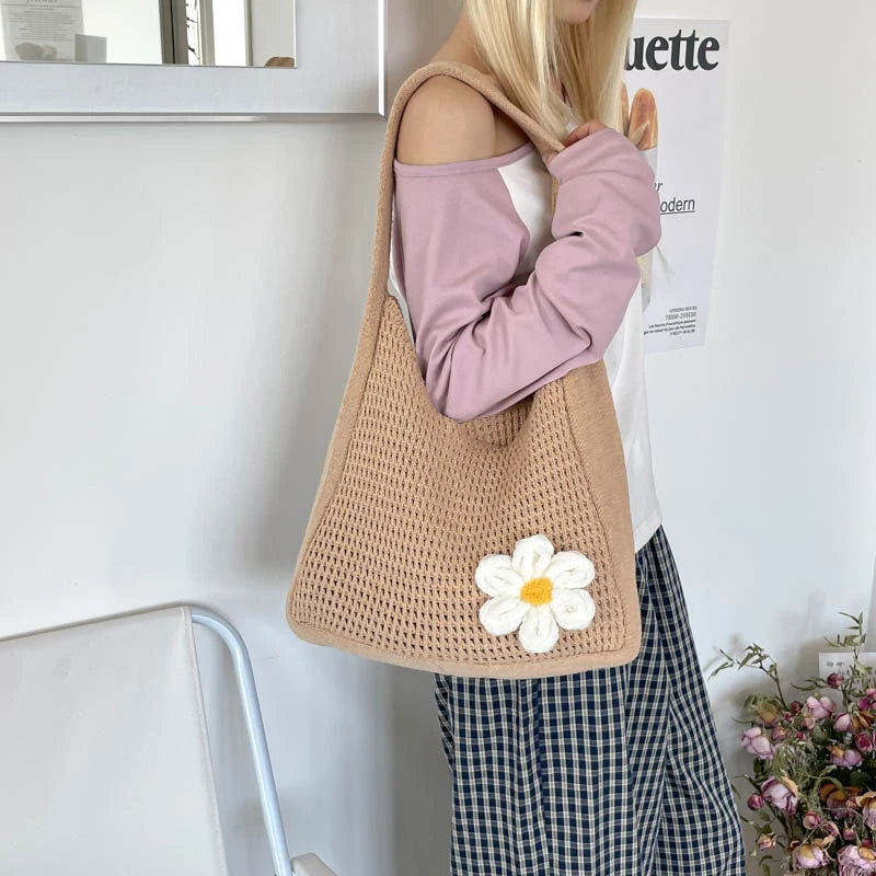 Nixie Hand-Crocheted Floral Woven Tote – Large Boho Beach Bag Crochet Woven Tote Nixie
