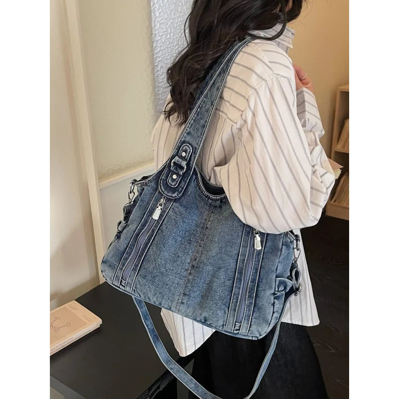 Nixie Vintage Denim Tote Bag – Large Shoulder Crossbody for Women Denim Tote Bag Nixie