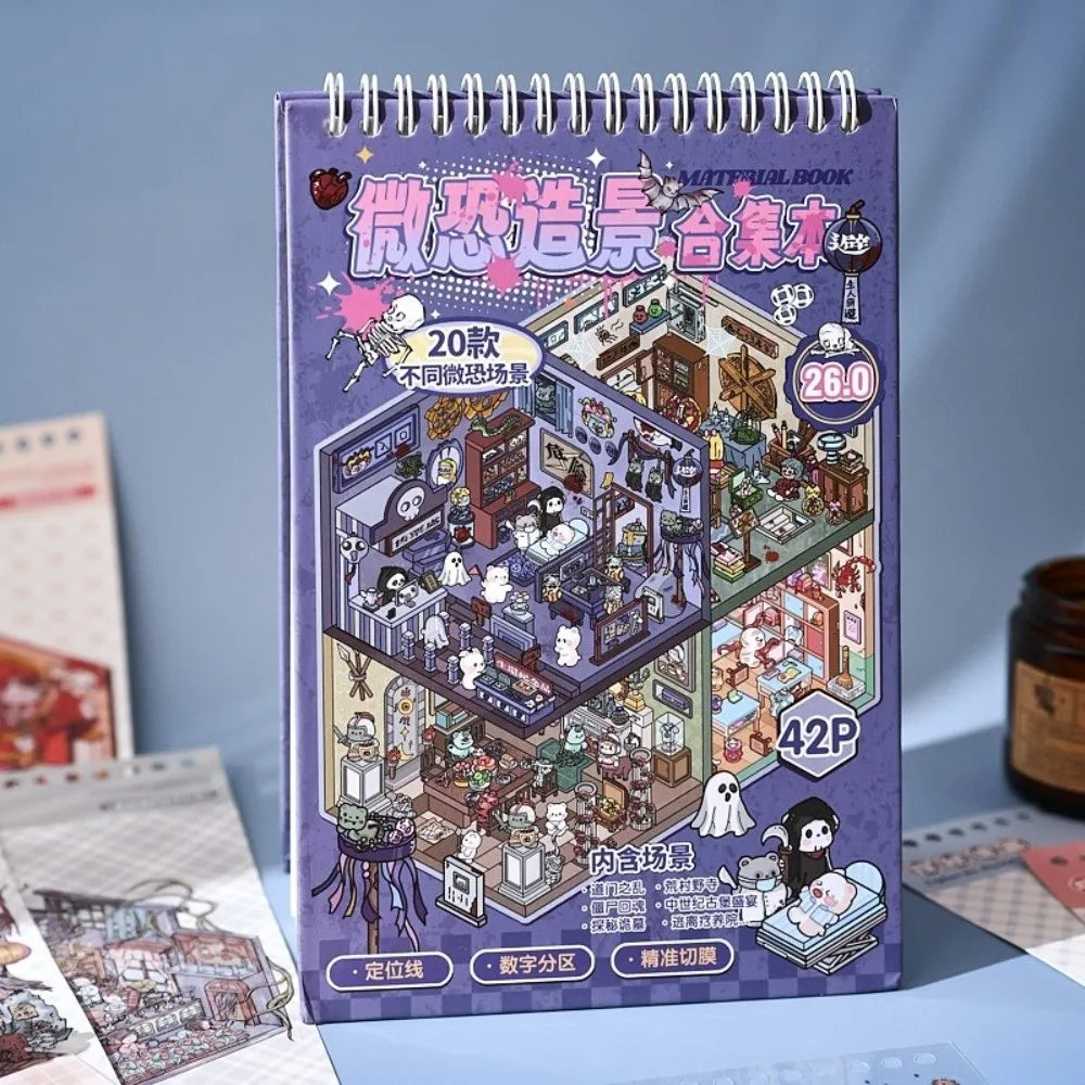 Spooky Miniature Scene Sticker Book – 20 3D PET Haunted Stickers Craft Sticker Book Nixie