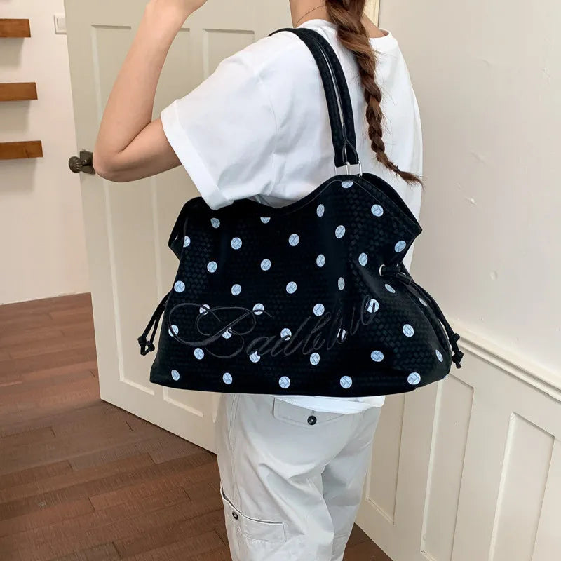 Korean Polka Dot Woven Tote Bag – Large Shoulder Handbag Woven Tote Bag Nixie Black