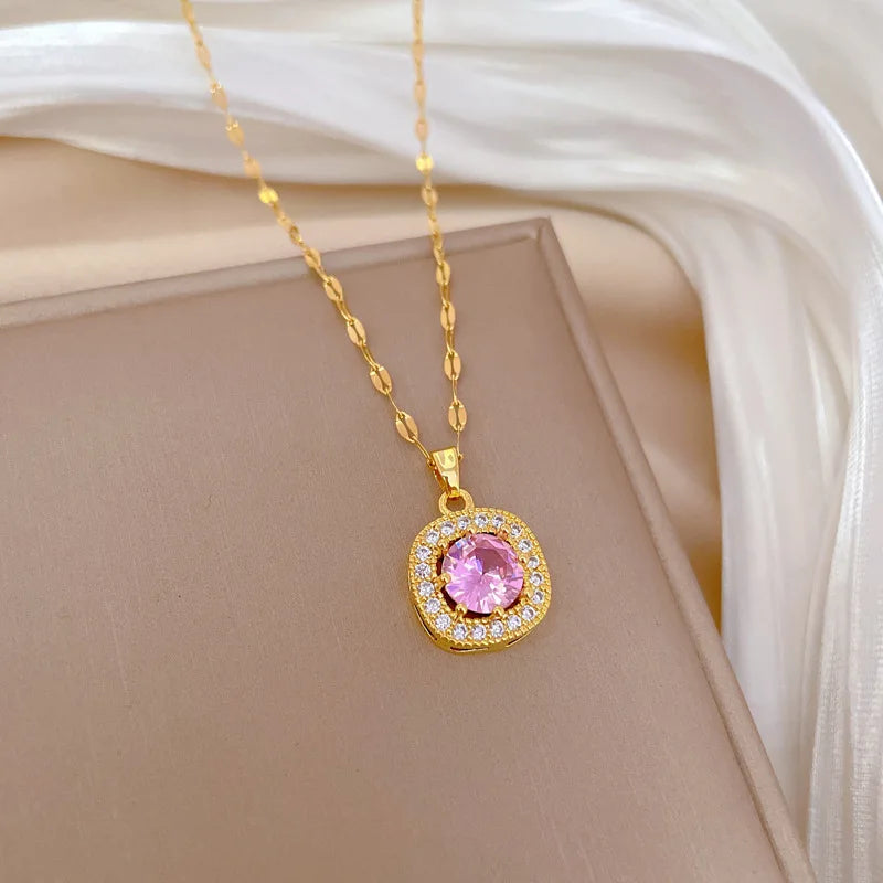 Square Zircon Pendant Necklace | Gold Stainless Steel Clavicle Chain Pendant Necklace Nixie