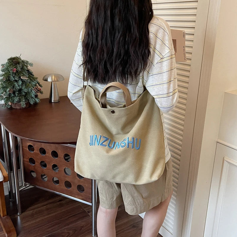 Women's Canvas Tote Bag Letter Embroidery Large Shoulder Bag Canvas Shoulder Bag Nixie