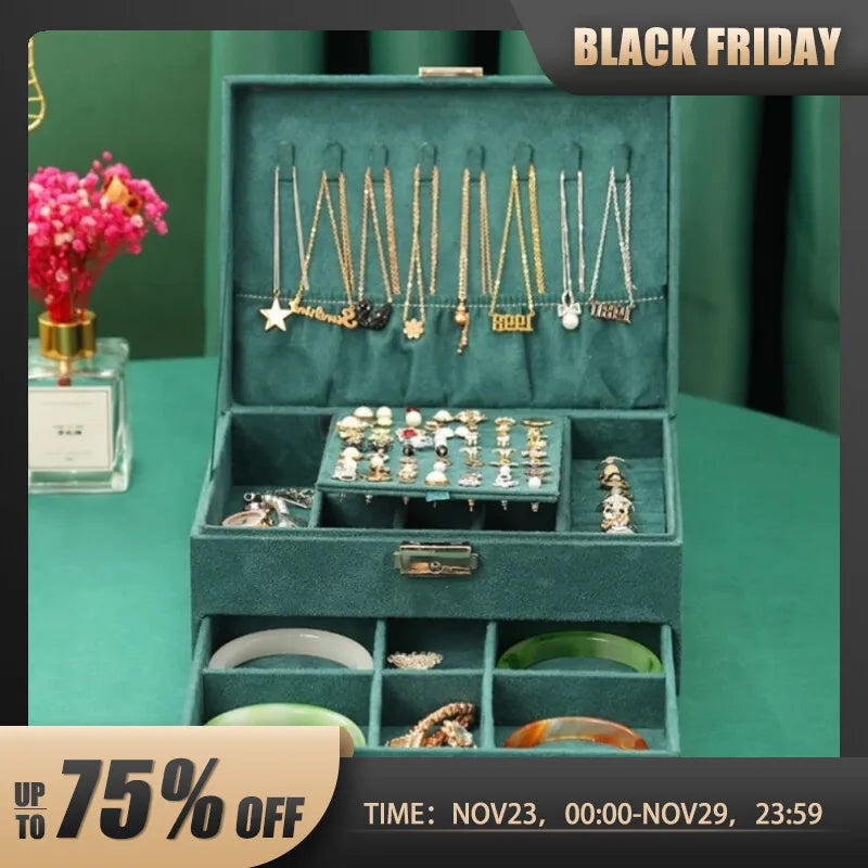 Luxury Vintage Dark Green Velvet Jewelry Box | Large Capacity Jewelry Storage Box Nixie