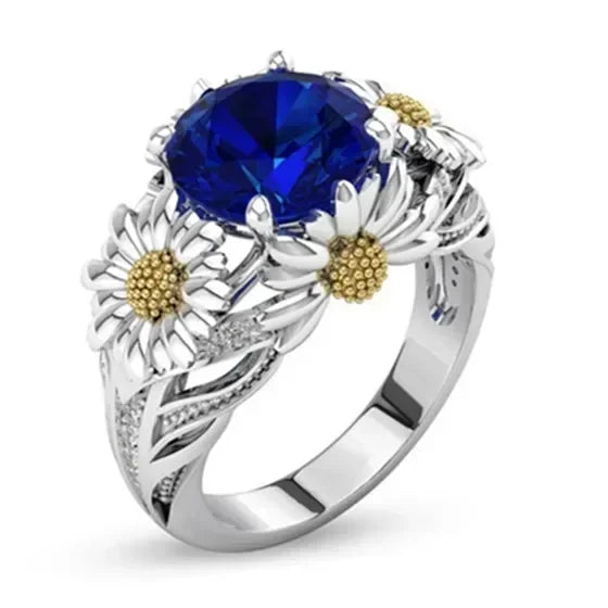 Silver-Plated Daisy Ring Blue Zircon & Orange | Sizes 6–10 Fashion Ring Nixie