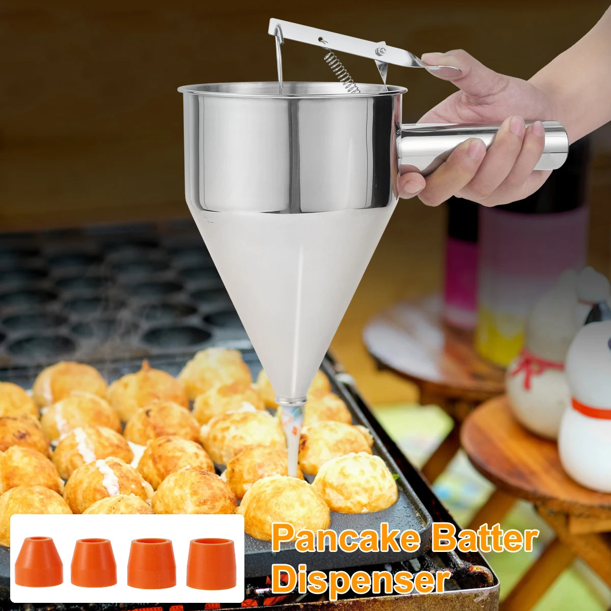Stainless Steel Pancake Batter Dispenser with Stand & 4 Spouts