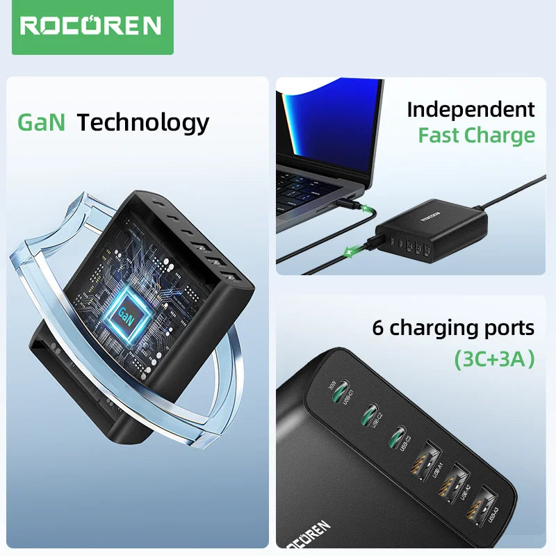 Rocoren 100W GaN Desktop Charger 6-Port USB-C PD Fast Charge Desktop Charging Station Nixie