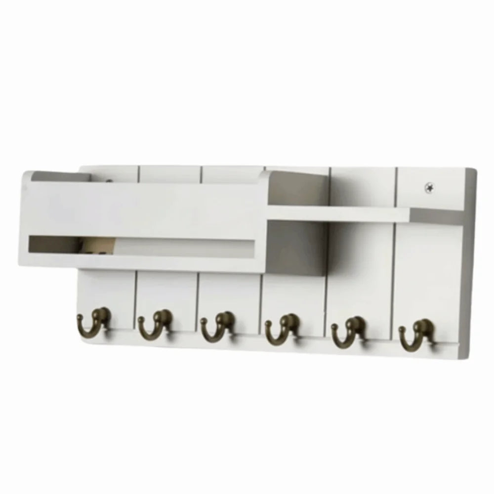 6-Hook Wooden Key Holder Wall Rack with Shelf & Mail Sorter