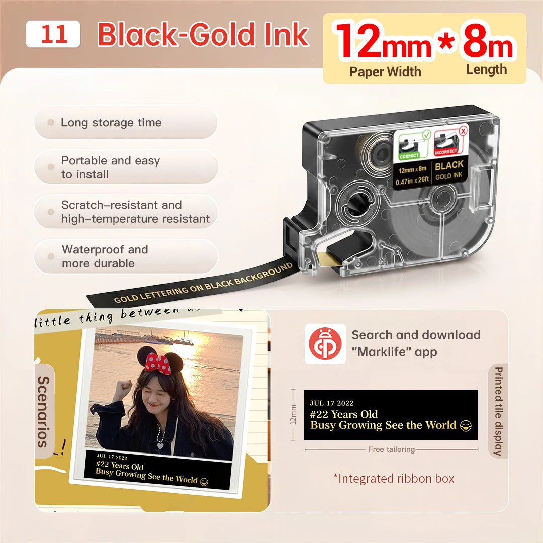 Marklife P15 Satin Ribbon for Gift Wrapping & DIY Crafts Decorative Satin Ribbon Nixie Black Sticker-Gold