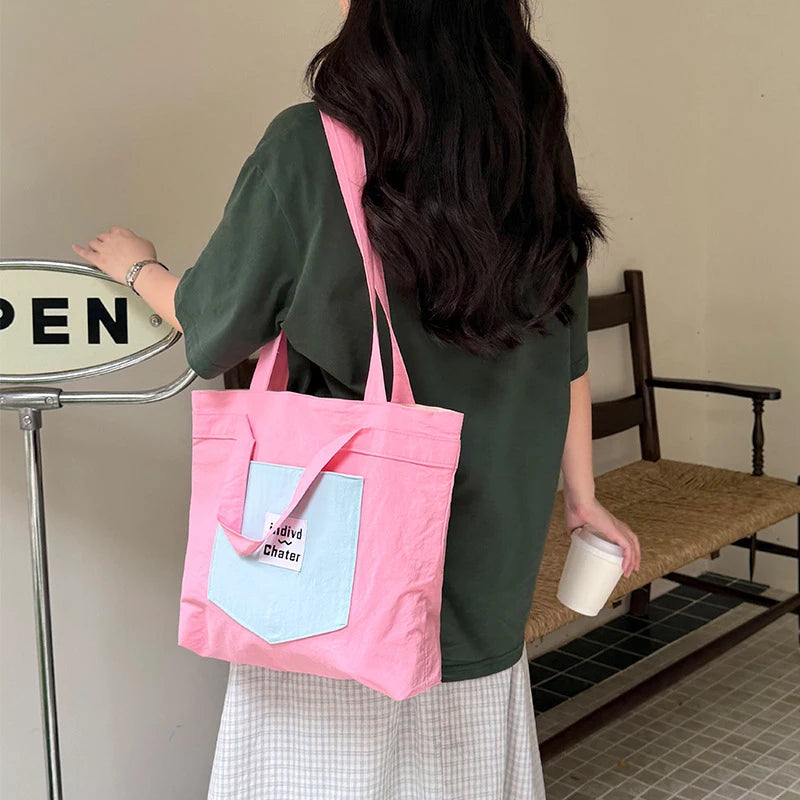 Women's Nylon Color Block Tote Bag | Korean Style Shoulder Bag Nylon Tote Bag Nixie