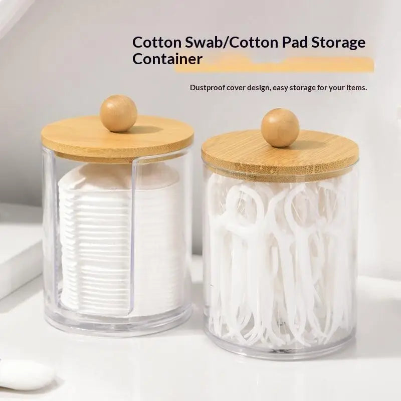 Cotton Swab Organizer Jar with Bamboo Lid | Clear & Dustproof